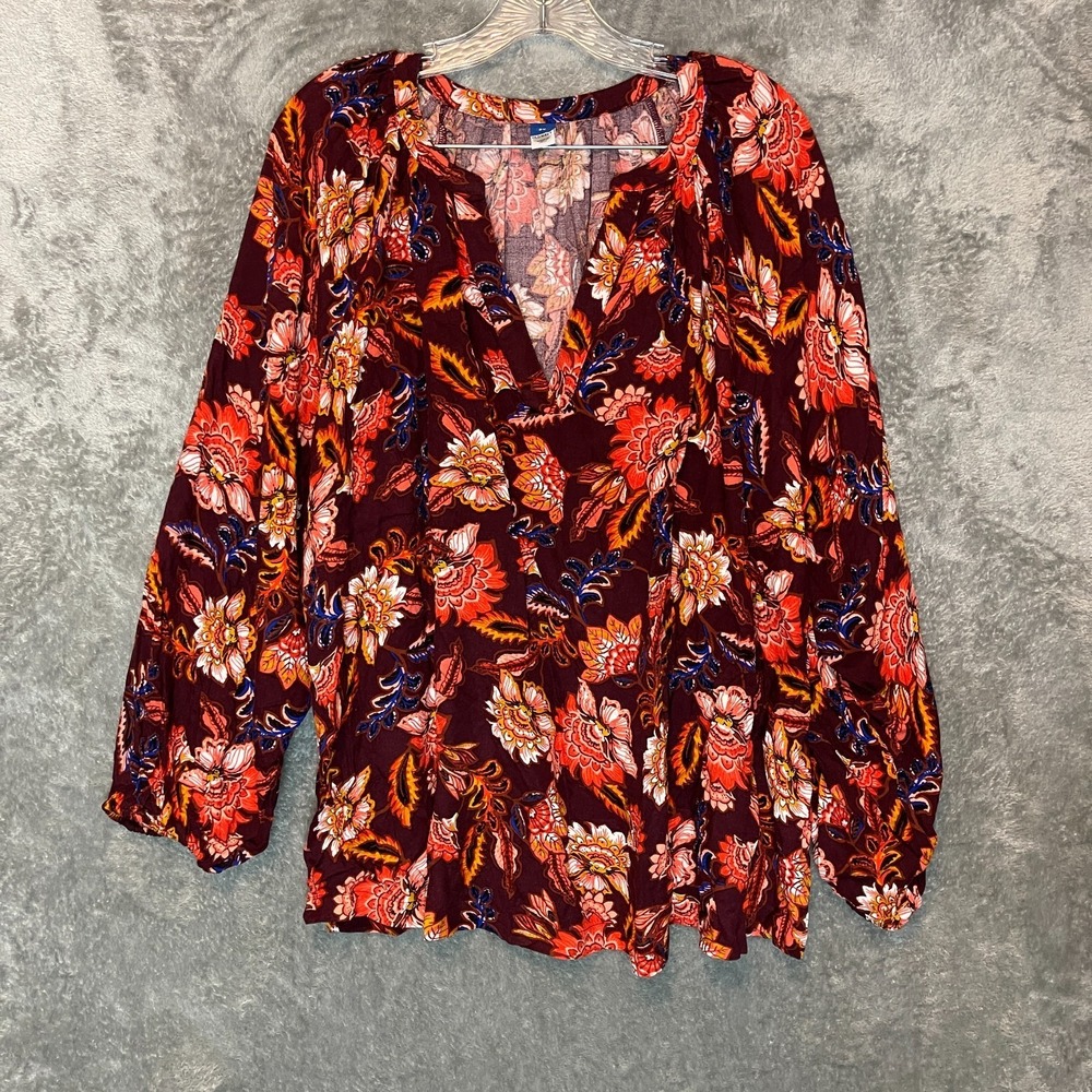 Old Navy Women Floral Flowy Top 2X Boho Statement Split Neck Lightweight Rayon